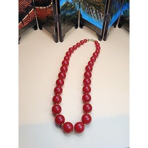 Vtg 1950s MONET Necklace Candy‎ Apple Red Lucite Beaded Gold Tone 18" 75 Yr Old